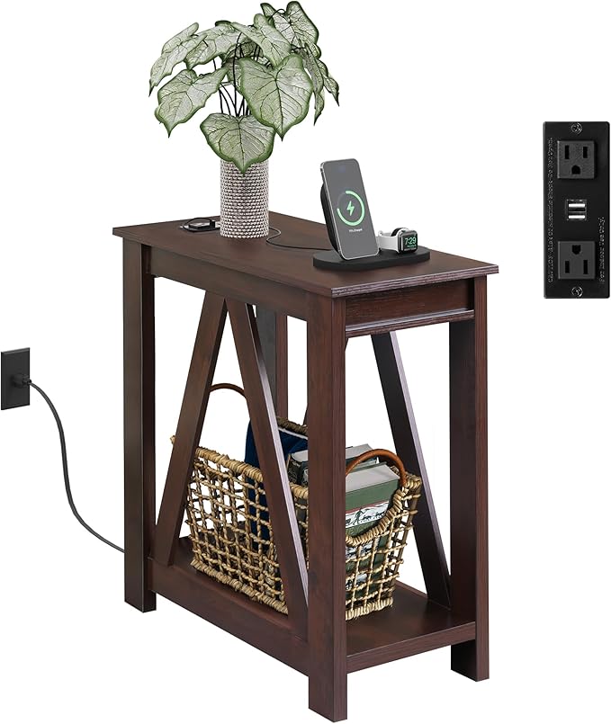 WLIVE Narrow End Table with Charging Station of Open Storage Shelf，Sofa Side Table with 2 USB Ports and 2 Power Outlets，Slim Farmhouse End Table for Small Spaces, 11.8" D x 23.6" W x 23.74" H