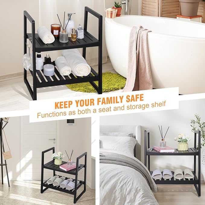 VVW 21.6 Inch Bamboo Shower Bench Seat Chair Stool with Arms for Inside Shower, Heavy Duty Spa Bath Chair with 2 Movable Hooks, Non-Slip Feet for Bathroom Accessories (Black)