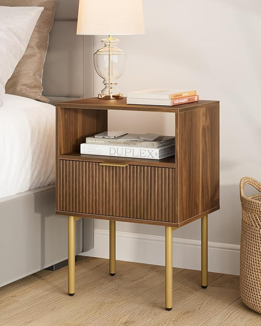 Masupu Night Stand,Mid-Century Modern Bedside Table with Storage Drawer and Open Wood Shelf,Small Gold Frame Side Table for Bedroom,Living Room, Walnut