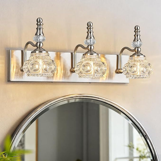 Modern Glass Crystal Vanity Light - Vintage Bathroom Lighting Fixtures Over Mirror, 3 Light Vanity Lights G9 Bulb (19.68 Inch, Nickel)