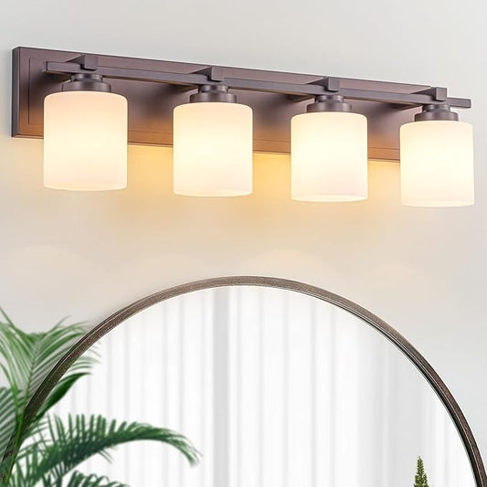 4 Light Modern Bathroom Light Fixtures Over Mirror, Bronze Finish Vanity Lights for Bathroom Wall Sconces with Milky White Glass Shades, E26 Socket (Bulbs Not Included)