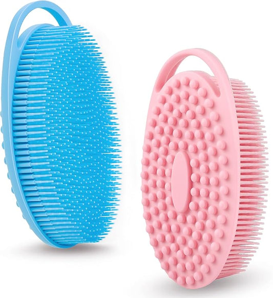 2 Pack Silicone Body Scrubber for Shower, Soft & Gentle Loofah Alternative for Sensitive Skin, Quick-Drying & Hygienic Body Wash Scrubber Brush for Women, Men & Kids (Blue & Pink)