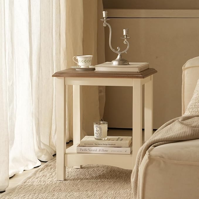 Farmhouse End Table,Rustic Wood Side Table,Square Nightstand with 2-Tier Storage Shelf,Bedside Table for Living Room Bedroom Office,Small End Table,18.9" Wx15.7 Dx22.4 H,White