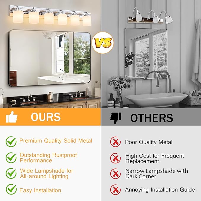 6 Light Modern Bathroom Light Fixtures Over Mirror, Chrome Vanity Lights for Bathroom Wall Sconces with Milky White Glass Shades, E26 Socket (Bulbs Not Included)