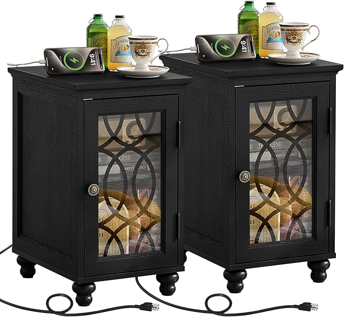 Narrow Side Table with Charging Station Set of 2, Night Stand with Glass Door,Bedside End Tables with Adjustable Shelf Storage Cabinet,Wood Nightstand for Small Spaces Living Room Bedroom