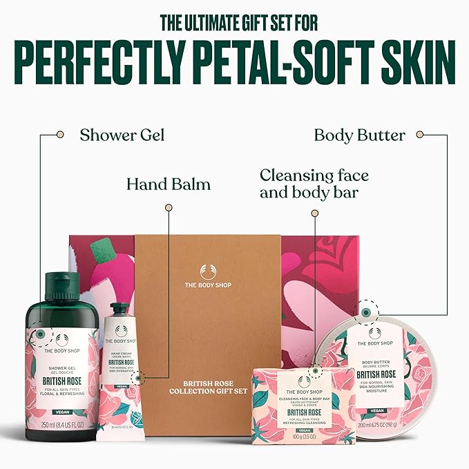 The Body Shop British Rose Collection Gift Set - 4 Piece Set, Shower Gel, Body Butter, Hand Cream, Face & Body Bar, Vegan
