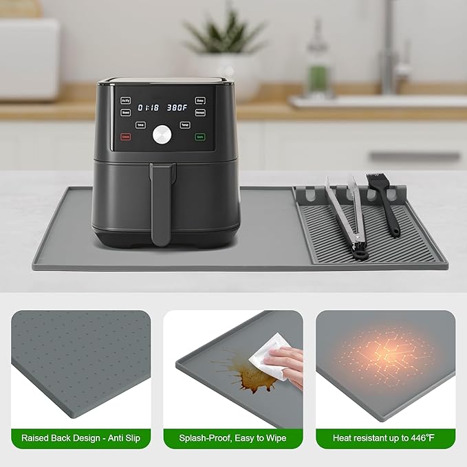 24x16 Inch Silicone Mat for Kitchen Counter, Kitchen Essentials and Gadgets - Silicone Air Fryer and Coffee Mat Set - Heat Resistant Mat for AirFryer, Microwave, Oven, Coffee Machine (Gray)