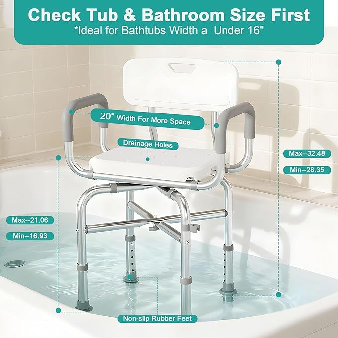 Swivel Shower Chair with Armrests and Back, 550 lbs Heavy-Duty Shower Seat for Showers and Bathtubs, 5- Height-Adjustable Adult Shower Chair, Elderly Bathtub Chair