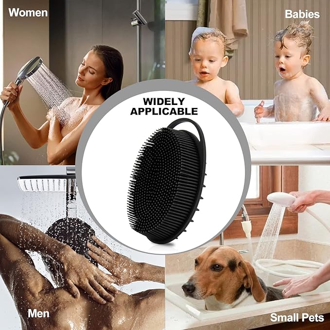 2 Pack Silicone Body Scrubber, Loofah Double-Sided Body Brush,Shower Scrubber and Scalp Massager Shampoo Brush for Sensitive Kids Women Men All Kinds of Skin (Black & Pink)