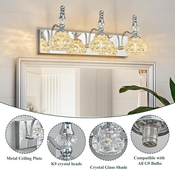 3-Light Vintage Bathroom Vanity Light Fixture Industrial Chrome with Glass Shade Vanity Light Fixtures Over Mirror Glass Bathroom Vanity Lighting Fixtures G9 Bulb Wall Lights