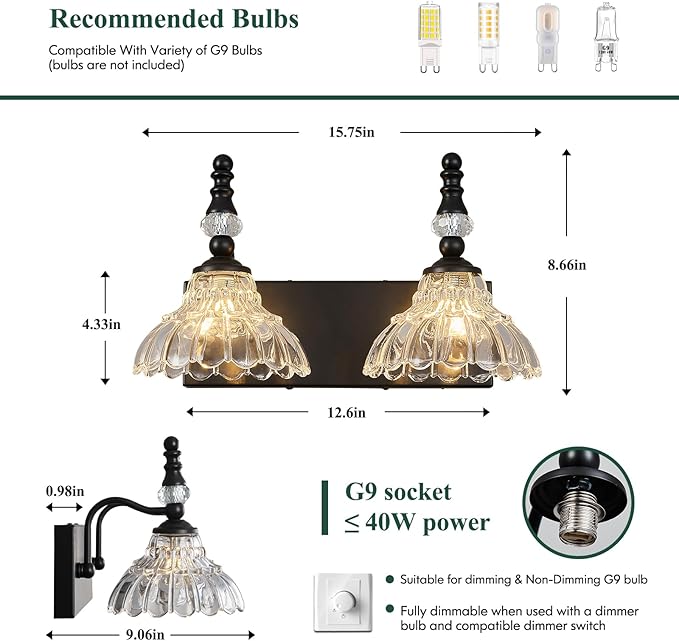 Vintage Bathroom Vanity Light, 2-Light Black Vanity Lighting Fixture with Flower Glass Shade, Bathroom Lighting Fixtures Over Mirror