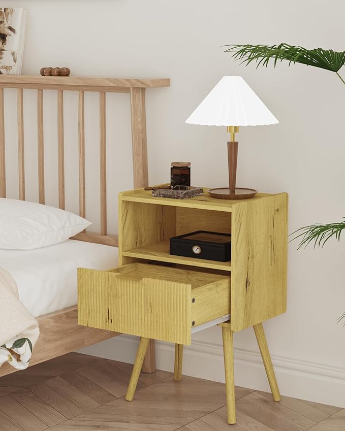 Nightstand,Modern Bedside Table with Storage Drawer and Open Wood Shelf, Accent Night Stand with Solid Wood Legs for Living Room, Bedroom and Small Spaces,Easy Assembly (Yellow Oak)