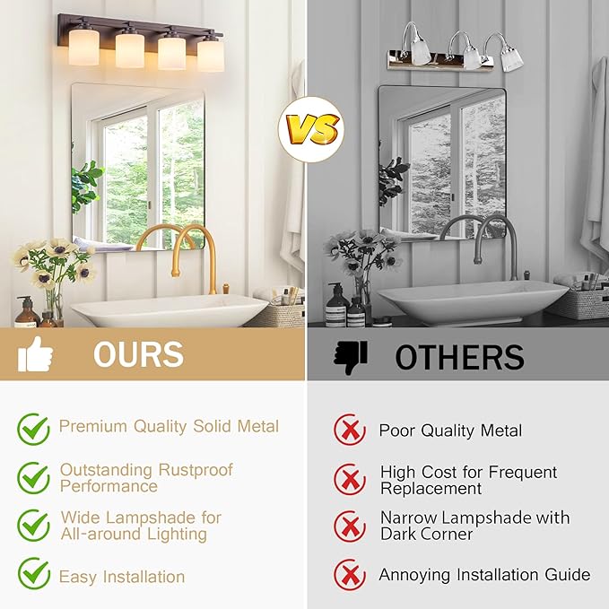 4 Light Modern Bathroom Light Fixtures Over Mirror, Bronze Finish Vanity Lights for Bathroom Wall Sconces with Milky White Glass Shades, E26 Socket (Bulbs Not Included)