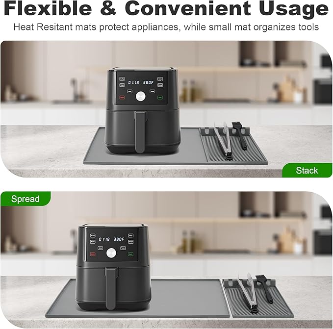 24x16 Inch Silicone Mat for Kitchen Counter, Kitchen Essentials and Gadgets - Silicone Air Fryer and Coffee Mat Set - Heat Resistant Mat for AirFryer, Microwave, Oven, Coffee Machine (Gray)