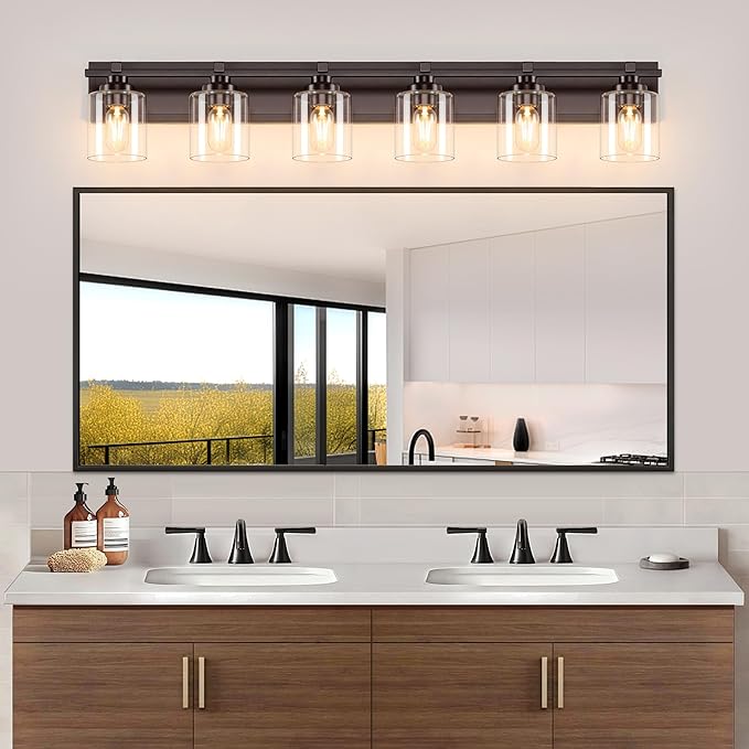 6 Light Modern Bathroom Light Fixtures Over Mirror, Bronze Finish Vanity Lights for Bathroom Wall Sconces with Clear Glass Shades, E26 Socket (Bulbs Not Included)