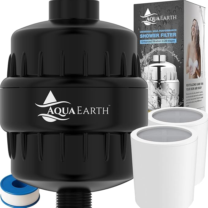 Aqua Earth Shower Head Filter For Hard Water 20 Stages to Remove Chlorine Fluoride Water Softener Coconut Shell Activated Carbon Reduces Dry Itchy Skin Heavy Metals Other Sediments Vitamin C Black