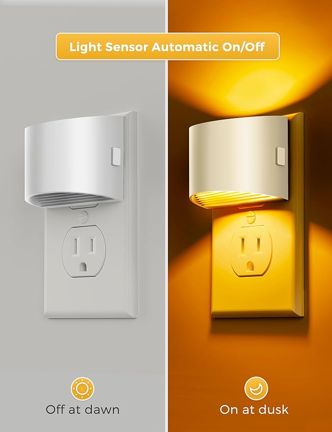 L LOHAS LED Night Light, Night Lights Plug into Wall with Dusk to Dawn Sensor, 3 Brightness Level, 2 Pack, 1600K Amber, White Housing