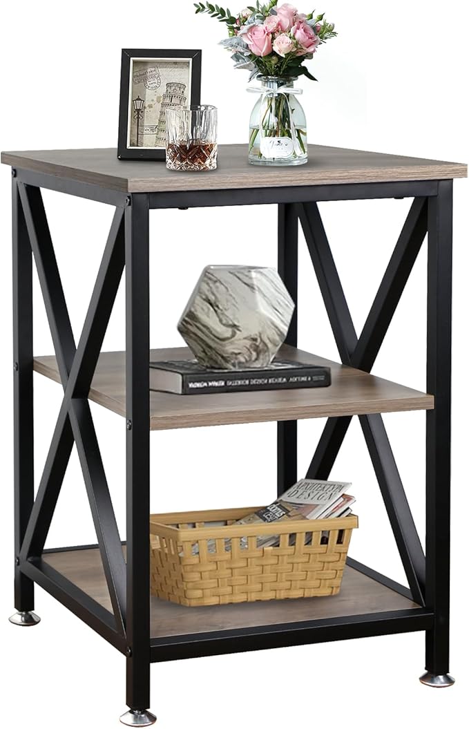 TooCust End Tables Living Room, 16" D x 16" W x 24" H, Indoor SideTables Living Room with Storage Shelf, Square End Table, X-Shaped Night Stands for Bedroom, Farmhouse Wood End Tables, Grey