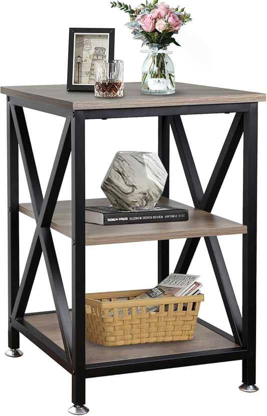 TooCust End Tables Living Room, 16" D x 16" W x 24" H, Indoor SideTables Living Room with Storage Shelf, Square End Table, X-Shaped Night Stands for Bedroom, Farmhouse Wood End Tables, Grey