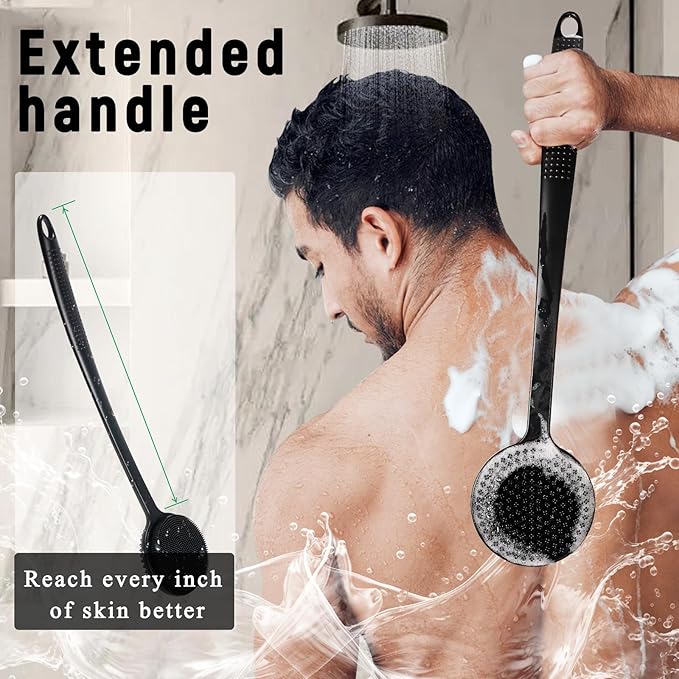2 Pack Back Scrubber for Shower, 17in Lengthen Long Handle Body Brush, Double Sided Shower Brush for Shower Exfoliating and Massage Can Produce Rich Foam, Long Handle Back Scrubber for Men