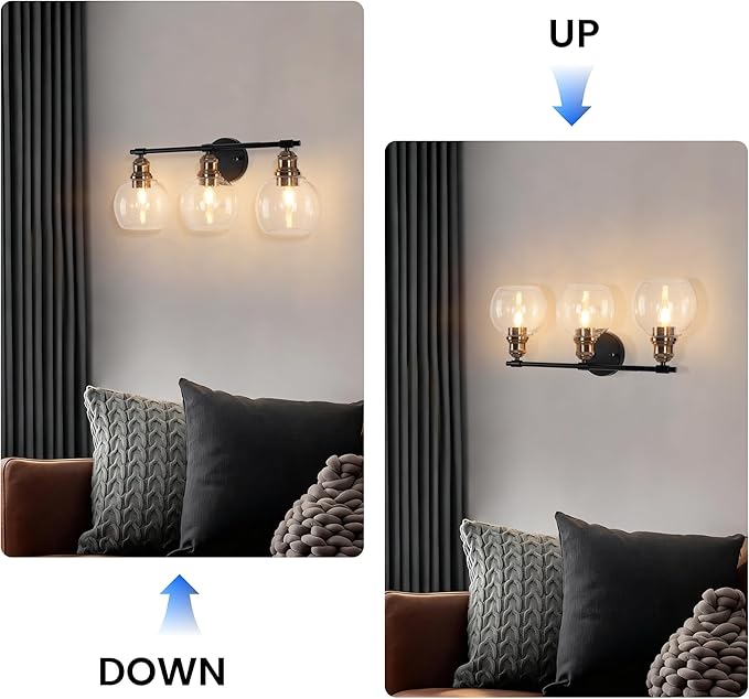 3 Light Bathroom Vanity Light, Black and Gold Bathroom Light Fixtures, Sconces Wall Lighting with Seeded Glass Shade, Modern Brushed Gold Vanity Lights for Bathroom, Bedroom, Hallway