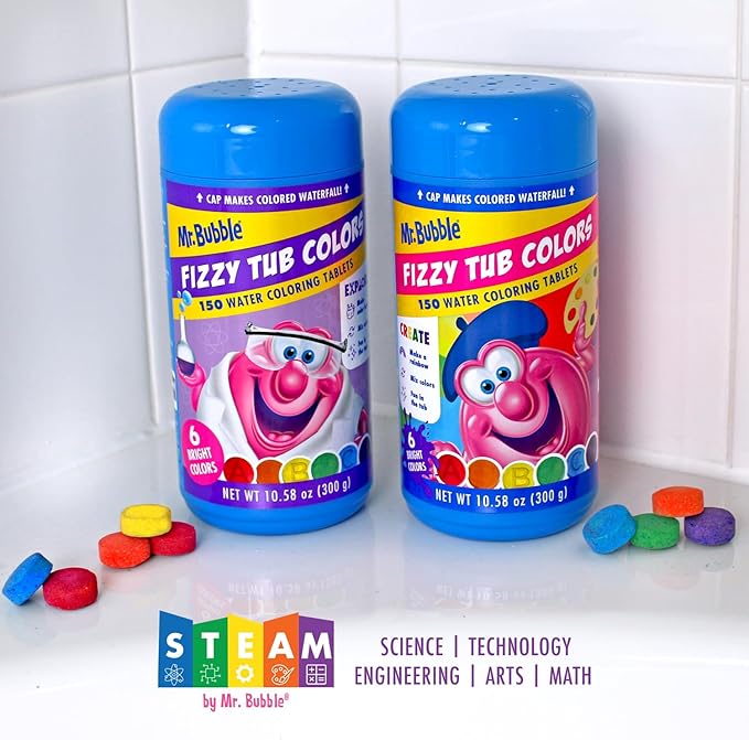 Mr. Bubble Fizzy Tub Colors Bath Water Coloring Tabelets, 6 Bright Colors, Red, Orange, Yellow, Purple, Blue and Green, Fragrance Free, Cap Makes Colorful Waterfall (3 Jars, 150 Tablets Each)