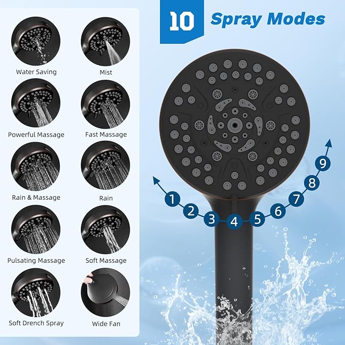 Hibbent Dual Filter All Metal 10"Rainfall Showerhead Combo, High Pressure Shower Head with 10-Spray Mode Handheld, 4-way Diverter with Pause Mode, 71'' Shower Hose & Holder, Oil Rubbed Bronze