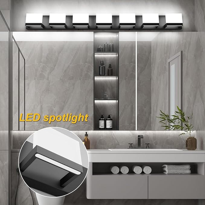 Tipace LED Modern Bathroom Vanity Light Fixtures, 7 Lights Black Vanity Lighting for Bathroom Wall Lights Up and Down LED Light Fixtures Over Mirror(White 6000K)