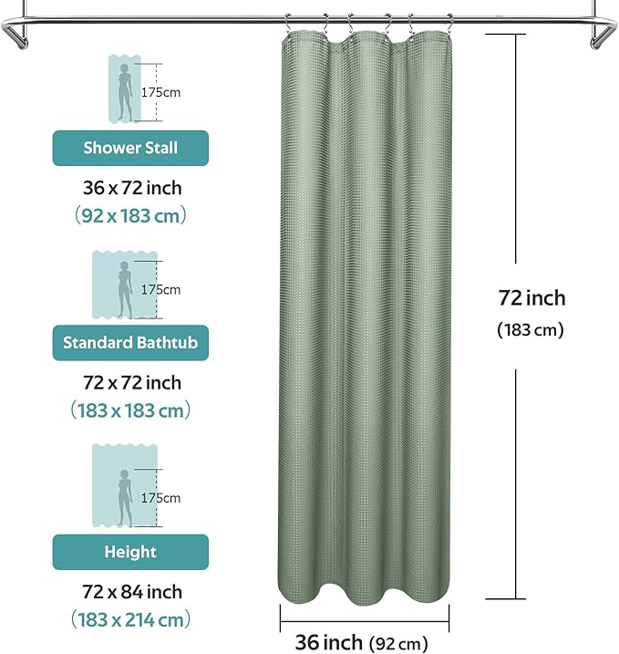 3 in 1 Shower Curtain Set, Waffle Shower Curtain and Liner Set with 6 Double Sided Shower Curtain Hooks, 258GSM Luxury Weighted Cloth Shower Curtains for Bathroom, 36 W x 72 H, Sage Green