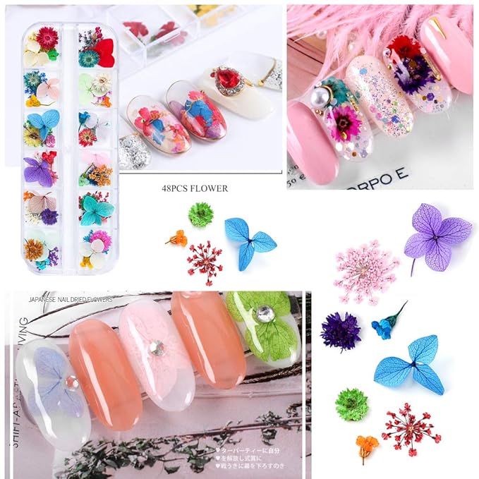 108 Pcs Nail Dried Flowers 48 Colors 3D Nail Art Real Flowers Nature Dry Petals Leaves Decor for Nail Art Design Manicure Decoration