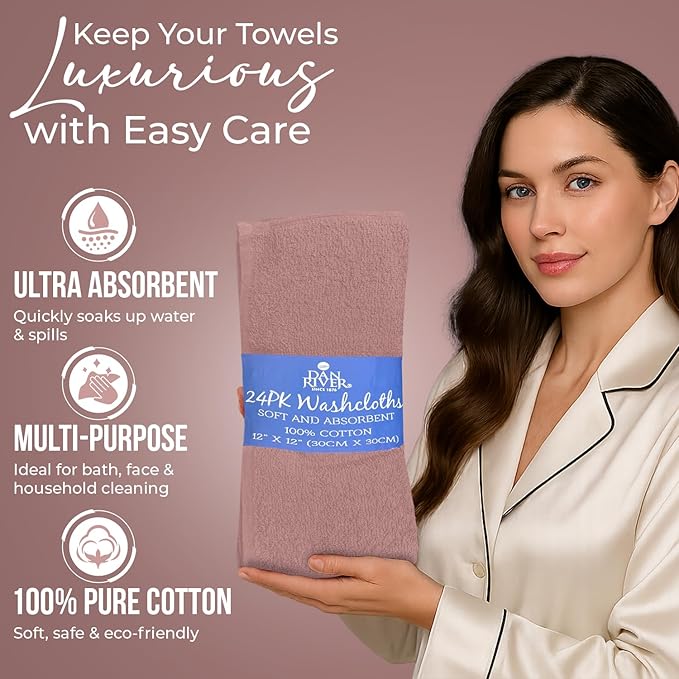 DAN RIVER 24 Pack Wash Cloths for Showering [12x12] - 100% Cotton Washcloths Premium Quality Flannel Face Cloths for Bathroom, Highly Absorbent and Soft Feel Wash Clothes, Dusty Pink