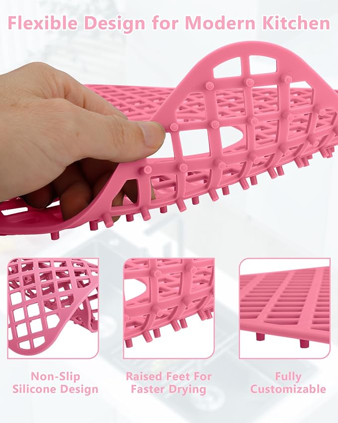 2 Pack Silicone Sink Protector for Kitchen Sink, Lozenge Pattern 13 x 11 inches Sink Grid Mat Silicone Protectors, Center Drain, Pink