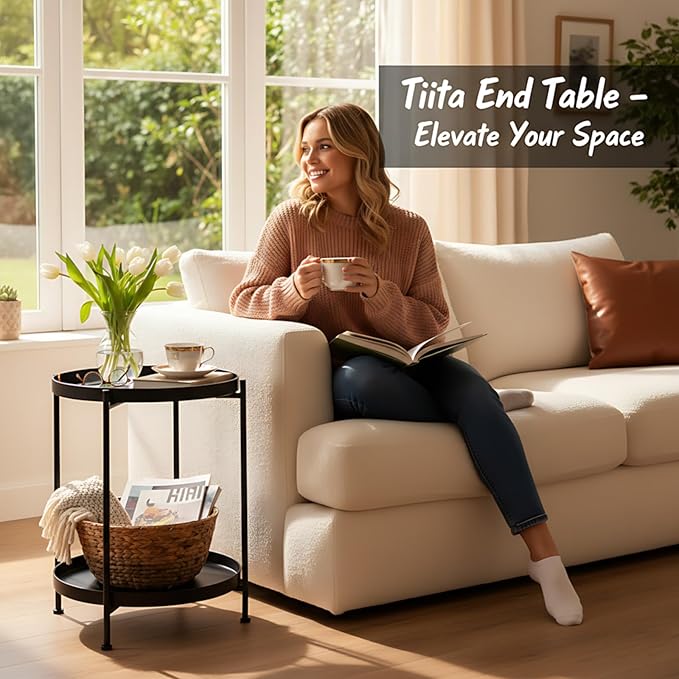 Tiita Round End Table Mental 2-Tier Side Table Nightstand/Small Iron Tables Accent Coffee Table for Living Room Bedroom Office Small Space