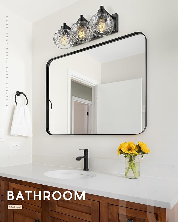 Bathroom Light Fixtures Over Mirror, 3-Light Matte Black Vanity Light with Clear Hammered Glass Globe Shade, Modern Sconces Wall Lighting for Bedroom Hallway, VL200-MB-3