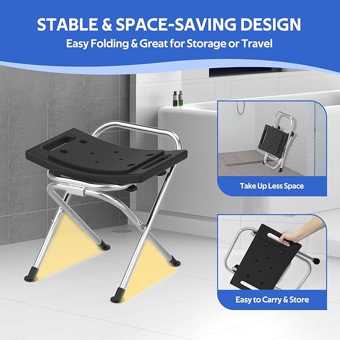 Meday Folding Shower Chair for Inside Shower - Stainless Steel Foldable Shower Seat with Cushion - 400lbs Bathroom Stool, Collapsible Portable Travel Bath Bench for Elderly Senior Handicap & Disabled