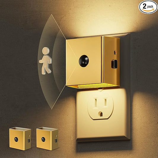 L LOHAS LED Night Light,Plug in Night Light with Motion Sensor and Dusk to Dawn Sensor, Brightness Adjustable,3000K Soft White, Gold Nightlight for Bathroom Hallway Kitchen