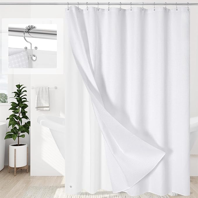 3 in 1 Long Shower Curtain Set-72 W x 78 H, White Waffle and PEVA Liner Set with 12 Stainless Steel Hooks, Waterproof Fabric for Bathroom