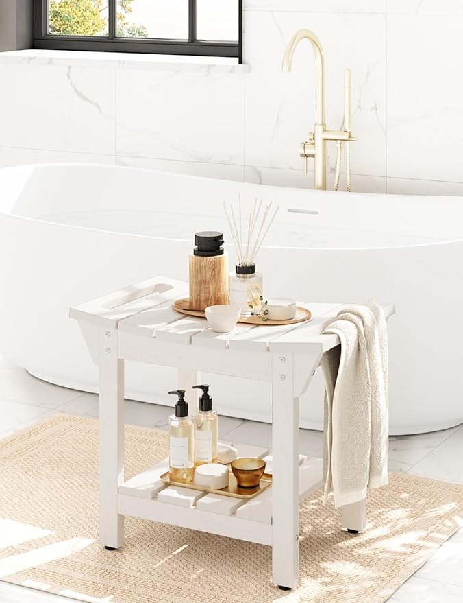 Waterproof Shower Bench, Poly Lumber Shower Stool for Shaving Legs, Shower Chair Seat with Storage Shelf and Handles, Bathroom Bench for Inside Shower, Non-Slip