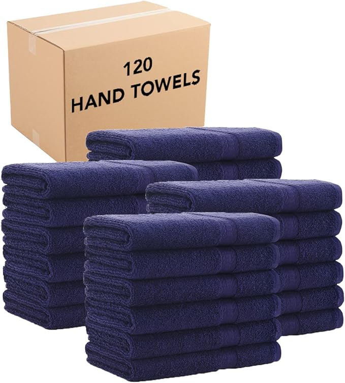 Arkwright True Color Solid Hand Towels - Bulk Case Set of 120 - Soft 100% Cotton Guest Bathroom Towel, Lightweight 475 GSM, Absorbent & Quick Dry, 16 x 27 in, Navy