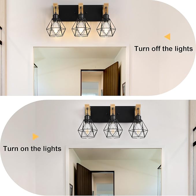 3-Light Farmhouse Bathroom Vanity Light Fixtures, Wood Bathroom Light Over Mirror, Rustic Sconces Wall Lighting with Elegant Metal Lampshade for Living Room, Bedroom, Hallway