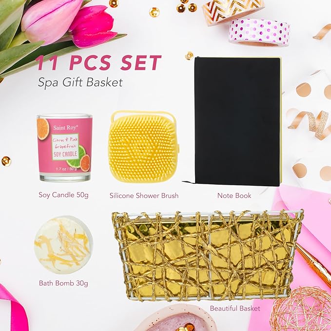 Bath Spa Body Gift Set, Luxury Christmas Gifts for Women Citrus Pink Grapefruit Spa Kit Gift Woman, 11 Pcs Self Care Kit Gifts With Bubble Bath, Massage Oil, Bath Brush, Birthday Gifts for Women