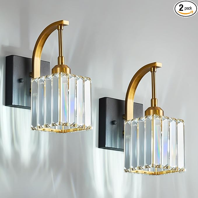 Wall Sconces, Set of 2 Black Gold Crystal Vanity Lights, Modern Wall Lamp for Bathroom, Hallway, and Makeup, Easy Installation