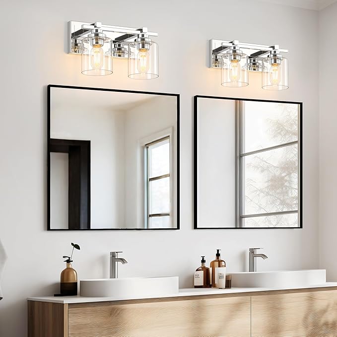 2 Light Modern Bathroom Light Fixtures Over Mirror, Chrome Vanity Lights for Bathroom Wall Sconces with Clear Glass Shades, E26 Socket (Bulbs Not Included)