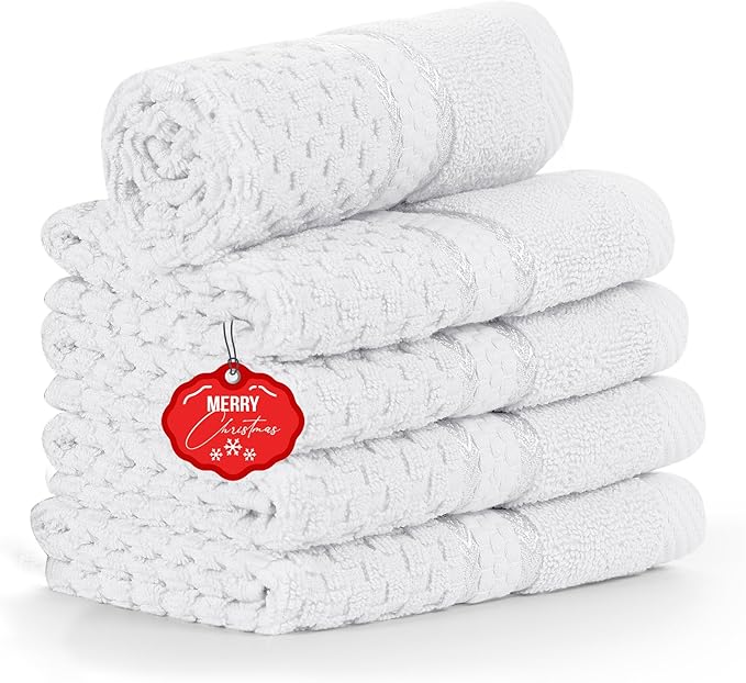 Ample Decor Christmas White Wash Cloth Set of 5 100% Cotton - Popcorn Textured - Mulaayam Collection - 12 X 12 Inch