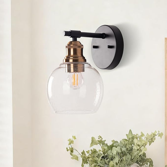 1-Light Bathroom Wall Sconce, Matte Black and Gold Vanity Light, Modern Wall Light Fixture with Seeded Glass Shade and E26 Bulb Base, Wall Lamp Wall Mount Light Fixtures for Mirror, Bedroom, Hallway