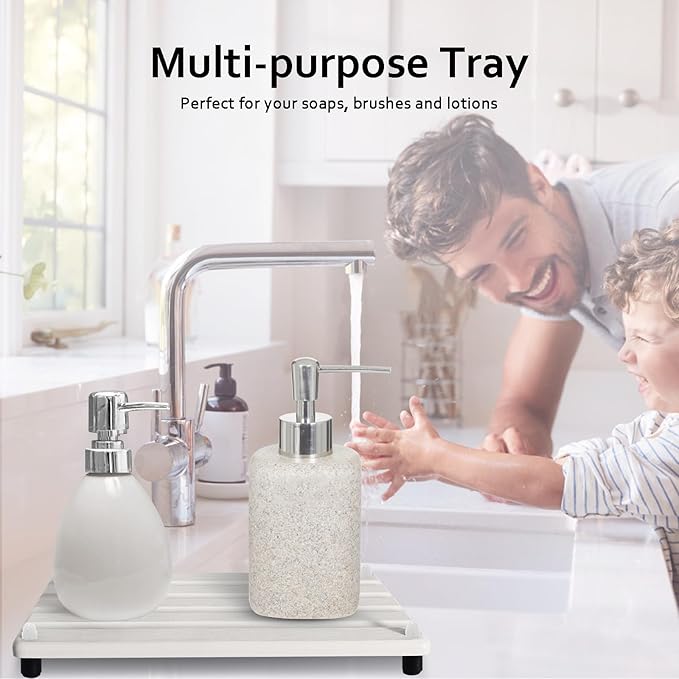 2 PCS Water Absorbing Stone Trays for Bathroom Counter, Fast-Drying Faucet Mat for Kitchen Sink, Diatomite Sink Caddy, Hand Soap Holder with Anti-Skid Feet (9.5" x 4.7" White)