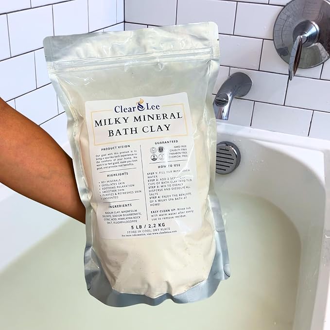 ClearLee Milky Mineral Bath Clay - Kaolin Clay, Magnesium Sulfate (Epsom Salt), Himalayan Rock Salt - Soothing and Relaxing Soak - Exfoliation for Smoother Skin - 5 lb (12-15 Baths)