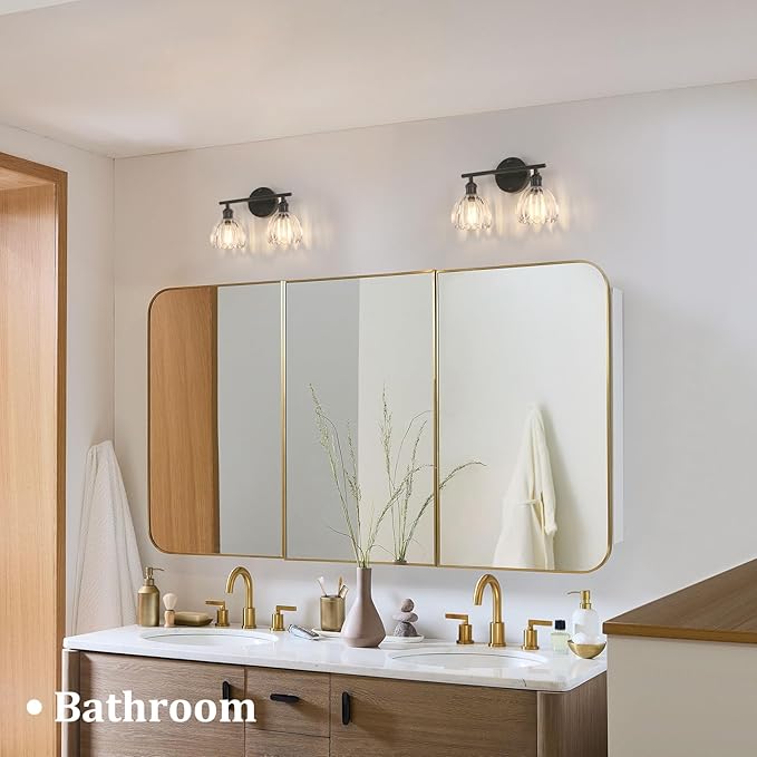 Bathroom Light Fixtures, 2-Light Black Vanity Wall Light Over Mirror with Clear Tulip Glass Shade for Bedroom Living Room (Bulb Not Included)