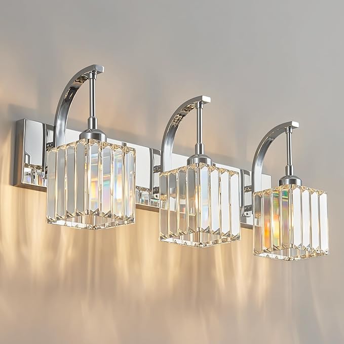 Crystal Vanity Lights 3-Light Chrome Bathroom Vanity Lights Modern Crystal Bathroom Light Fixtures Over Mirror 23.62" Long Vanity Light for Bathroom
