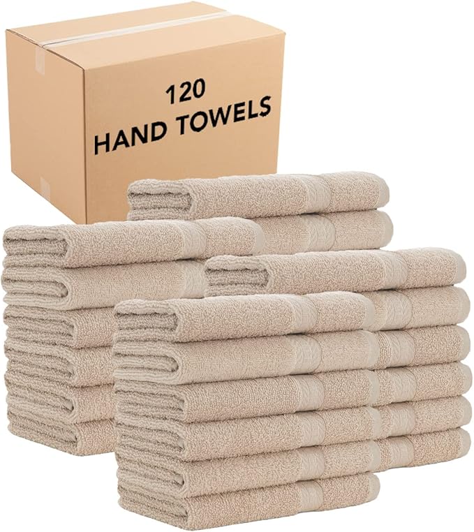 Arkwright True Color Solid Hand Towels - Bulk Case Set of 120 - Soft 100% Cotton Guest Bathroom Towel, Lightweight 475 GSM, Absorbent & Quick Dry, 16 x 27 in, Beige